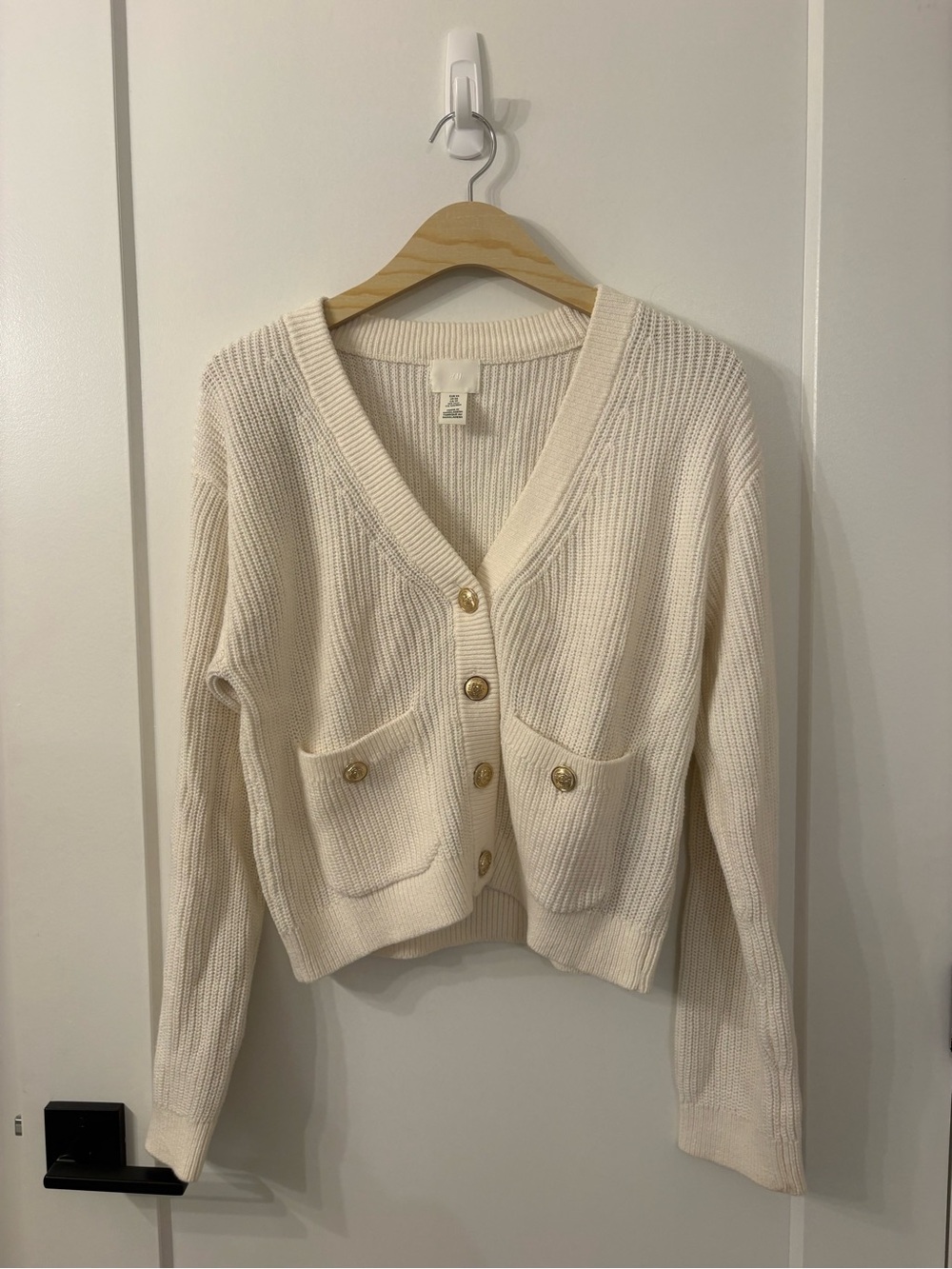 H&M Cream V-Neck Button Front Cardigan with Patch Pockets